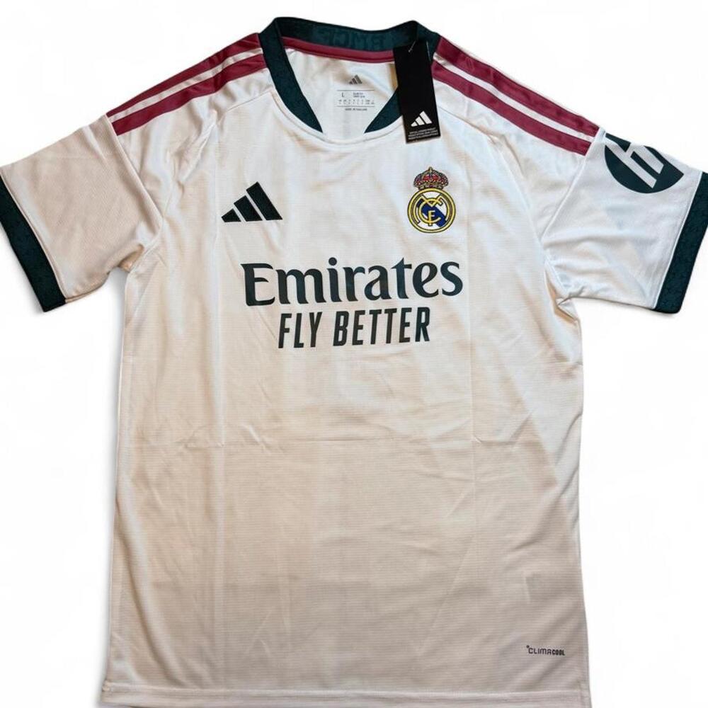 Adidas Real Madrid 2026/27 Home Jersey White with maroon and green stripes on sh